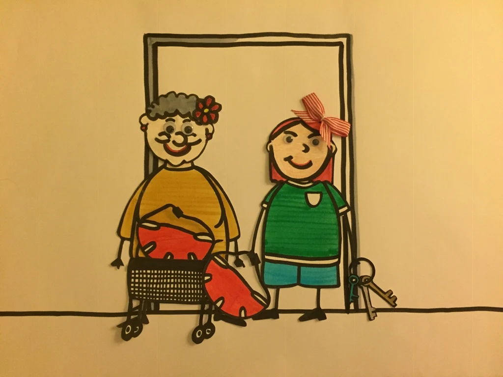 Die Zeichnung zeigt, wie Person zur Rikschafahrt abgeholt wird.